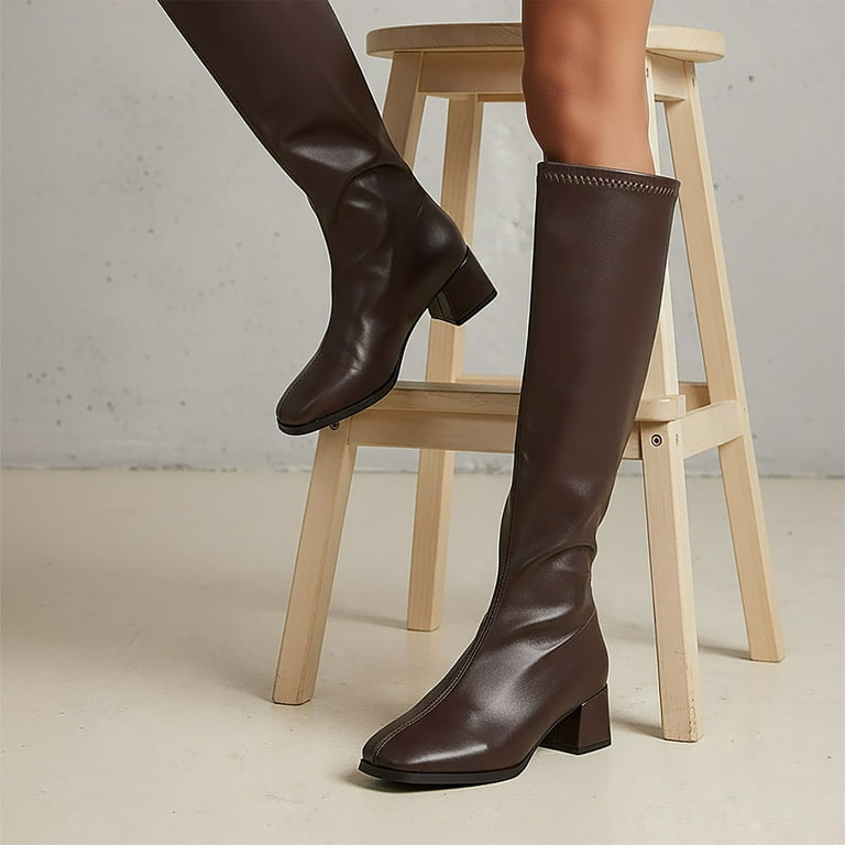 brown tall dress boots Braided Brown Leather Knee High Boots