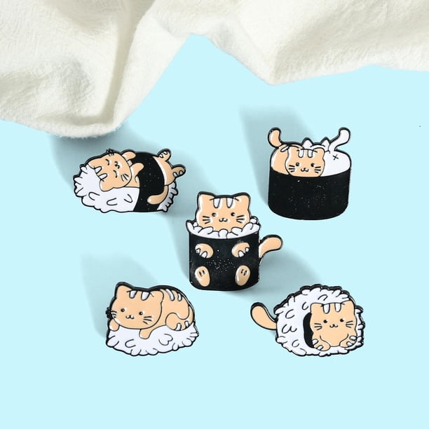 Paquete de 5 lindos pines esmaltados de gato para mochilas, pines esmaltados de bola de arroz de sushi de gato, broches de comida japonesa con animales lindos personalizados, lindo juego de pines esma