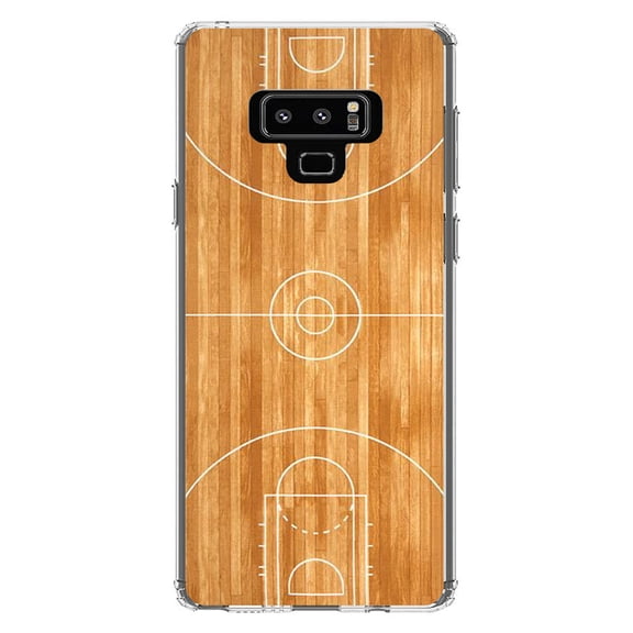 DistinctInk Clear Shockproof Hybrid Case for Samsung Galaxy Note 9 - TPU Bumper, Acrylic Back, Tempered Glass Screen Protector - Basketball Court Layout - Basketball