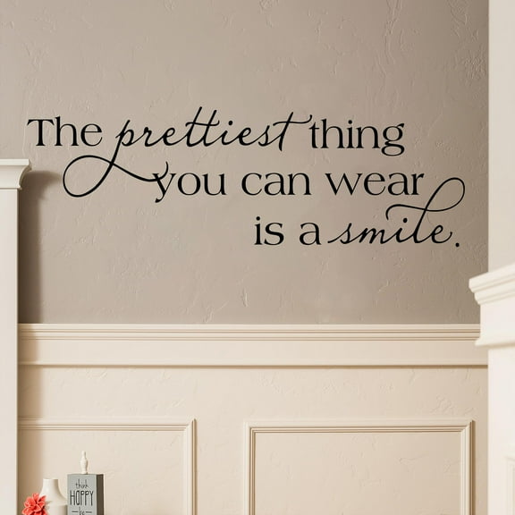 The Prettiest Thing You Can Wear Is a Smile Wall Saying Vinyl Lettering Home Decor Decal Stickers Quotes Decals Size: 12.5"H x 39"L - Color: Black