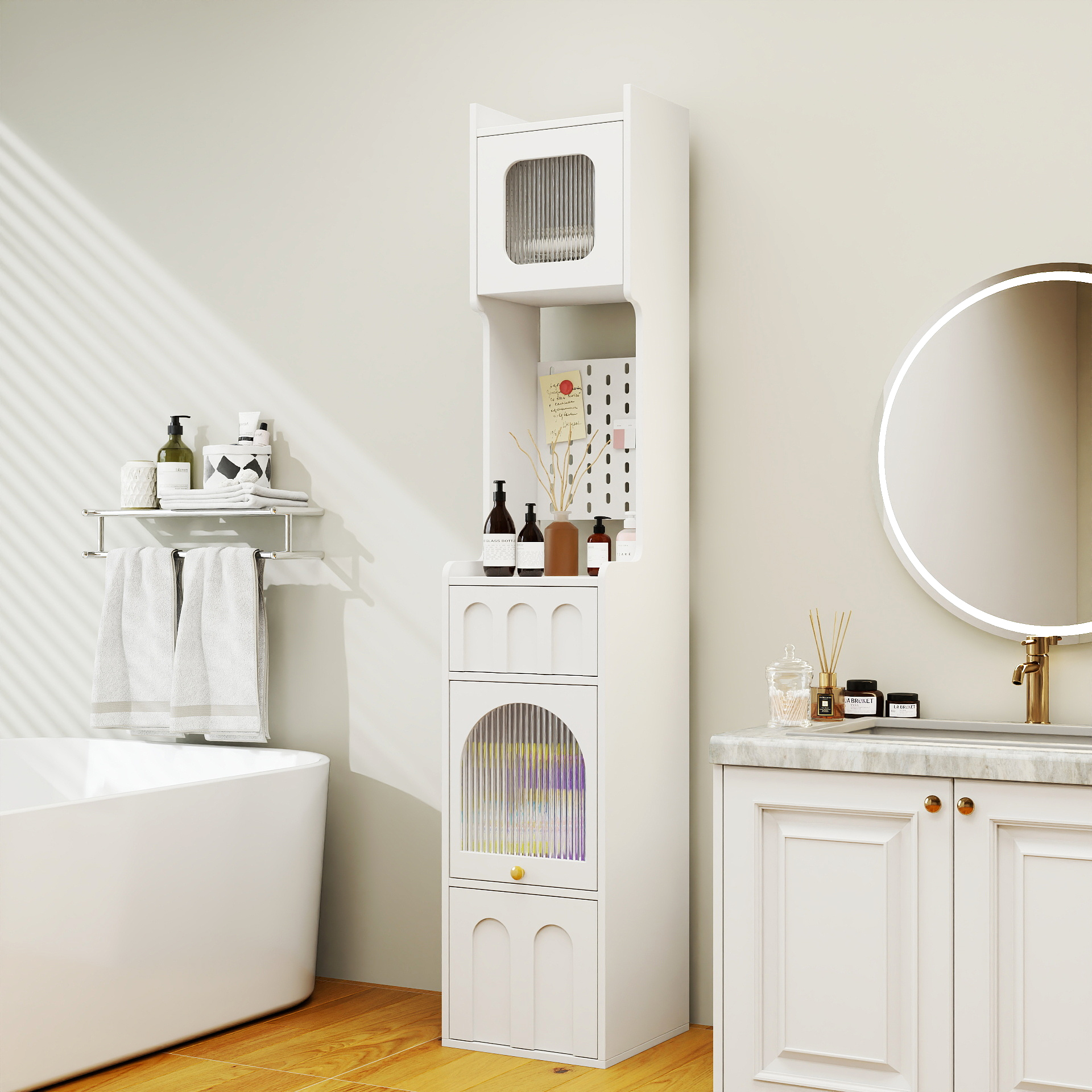 Tall Bathroom Storage Cabinet Narrow Unit with 2 Drawers Glass Door, White