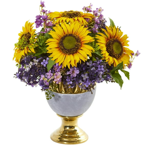 Nearly Natural Sunflower and Lilac Artificial Arrangement in Stoneware Urn with Gold Trimming