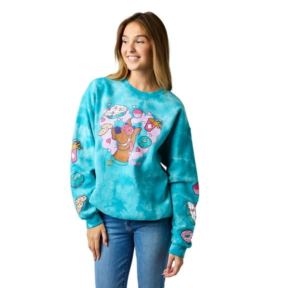 Scooby Doo Snacks Women's Blue Cloud Wash Crew Neck Long Sleeve Fleece Sweatshirt -Medium