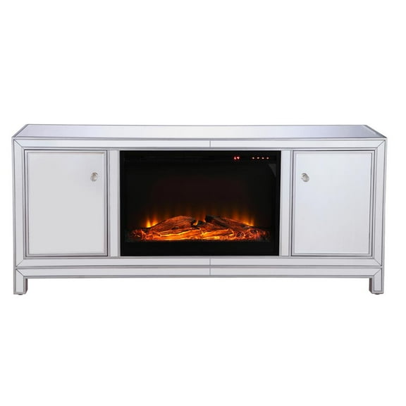 Elegant Decor 60 in. mirrored TV stand with wood fireplace insert in antique silver