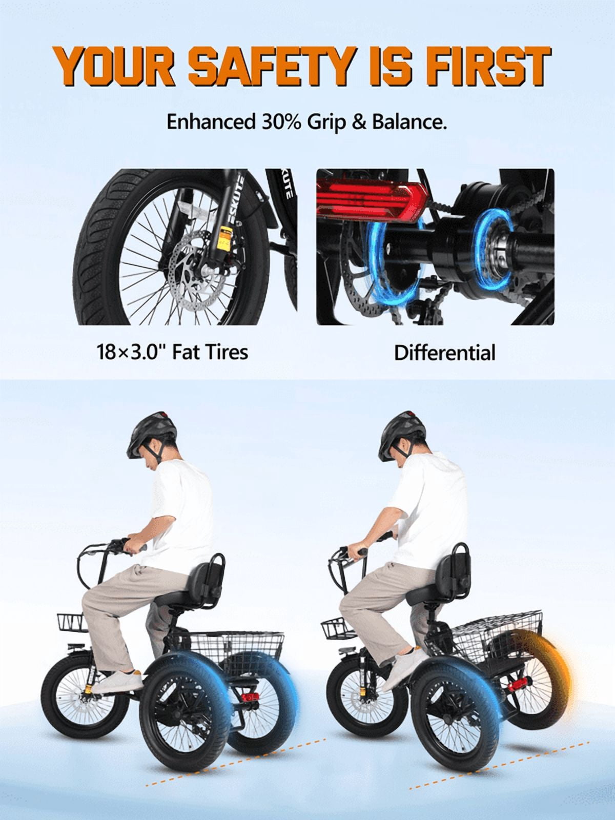 ESKUTE T300 E Trike Electric Tricycle for Adults, 750W Brushless Motor 18MPH+ Fat Tire Folding Trike, Step-Thru 3 Wheel Electric Bicycle, Up to 55 Miles Pink, UL2849