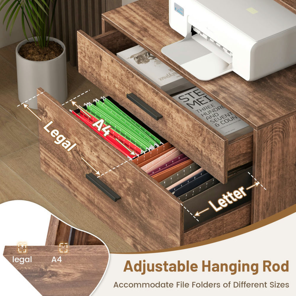 Demi Bonn 2 Drawer Freestanding File Cabinet with Charging Station and 3-Tier Open Shelves, Brown