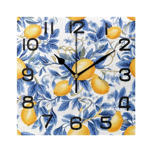 Lemons and Blue Leaves Wall Clock Square Silent Non-Ticking Battery Operated Retro 7.78" Clock Home Kitchen Office Decoration
