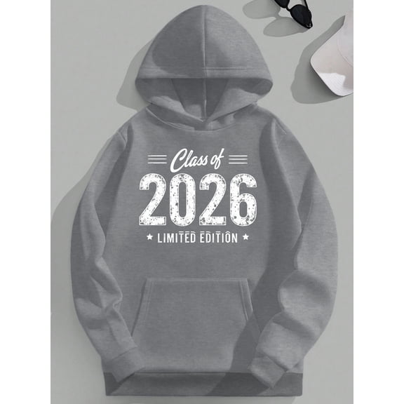 Men's Plus Size Hooded Sweatshirt - Class of 2026 Limited Edition, Black Casual Graduation Hoodie with Star & Stripes Design, Long Sleeve Polyester Knit for Comfort