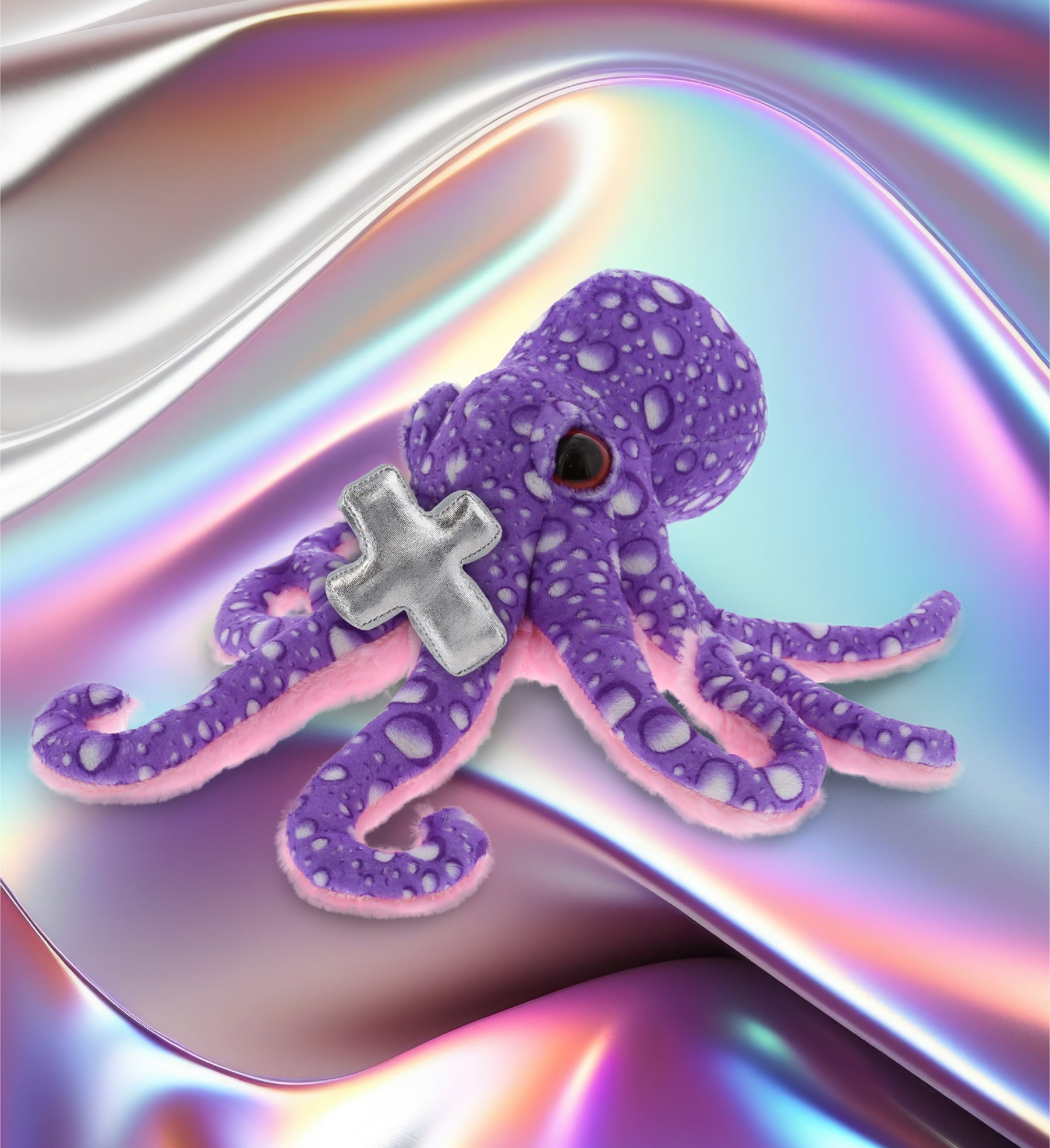 DolliBu Wild Collection Purple Octopus Stuffed Animal with Silver Cross Plush - Religious Baby Baptism Gift for Boys and Girls, Dedication Christening Plush Prayer Toy Healing Teddy Bear - 12 Inches