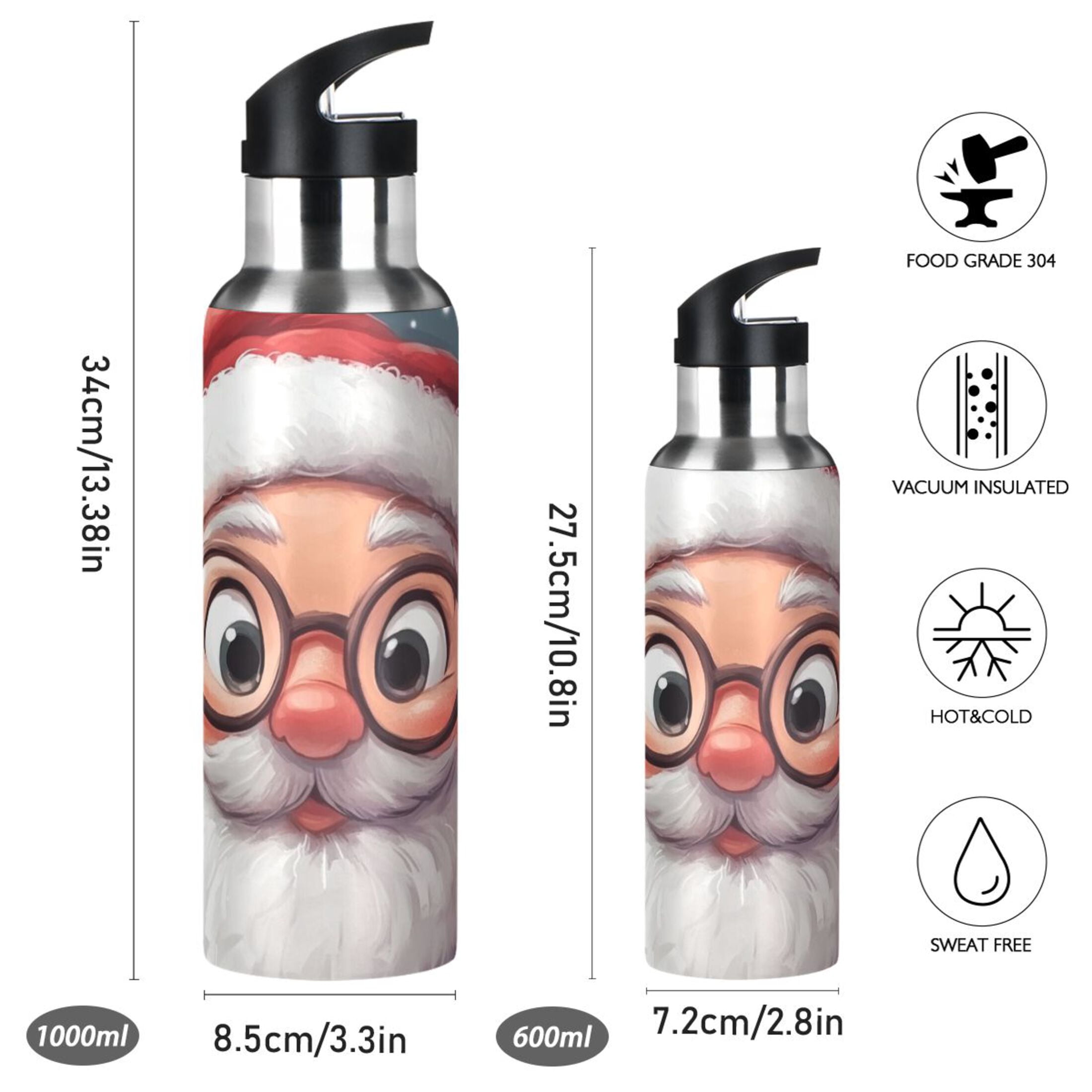 Cute Santa with Glasses Sports Bottle with Straw Stainless Steel Water Jug Portable Thermal Cup Leak-proof 1000ML