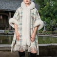 thumbnail image 2 of RYRJJ Women's Faux Fur Trim Cloak Shawl Wrap Plaid Striped Tassel Poncho Coat Cape Fall Winter Warm Open Front Cardigan(Green,Free Size), 2 of 4