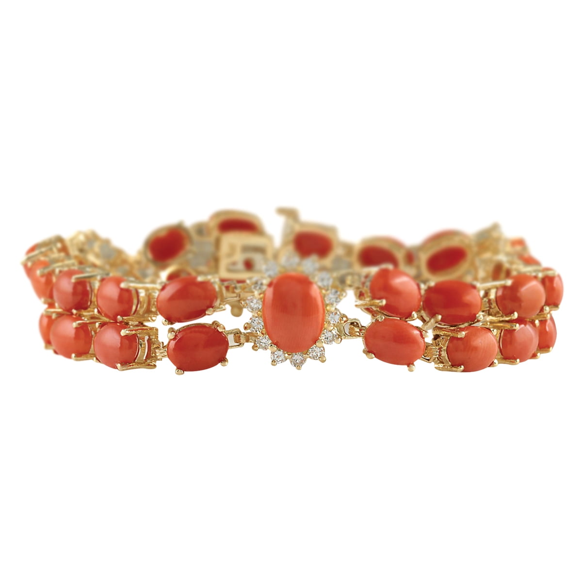31.50CTW Natural Red Coral And Diamond Bracelet In 14K Solid Yellow Gold by