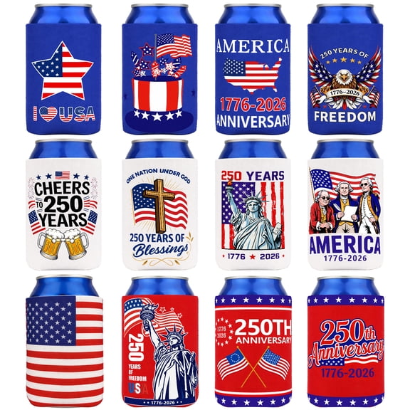 250th America Anniversary Can Cooler Sleeves 12 Pcs, 4th of July Independence Day Can Cooler Sleeves, Memorial Day Patriotic Party Accessories Decoration