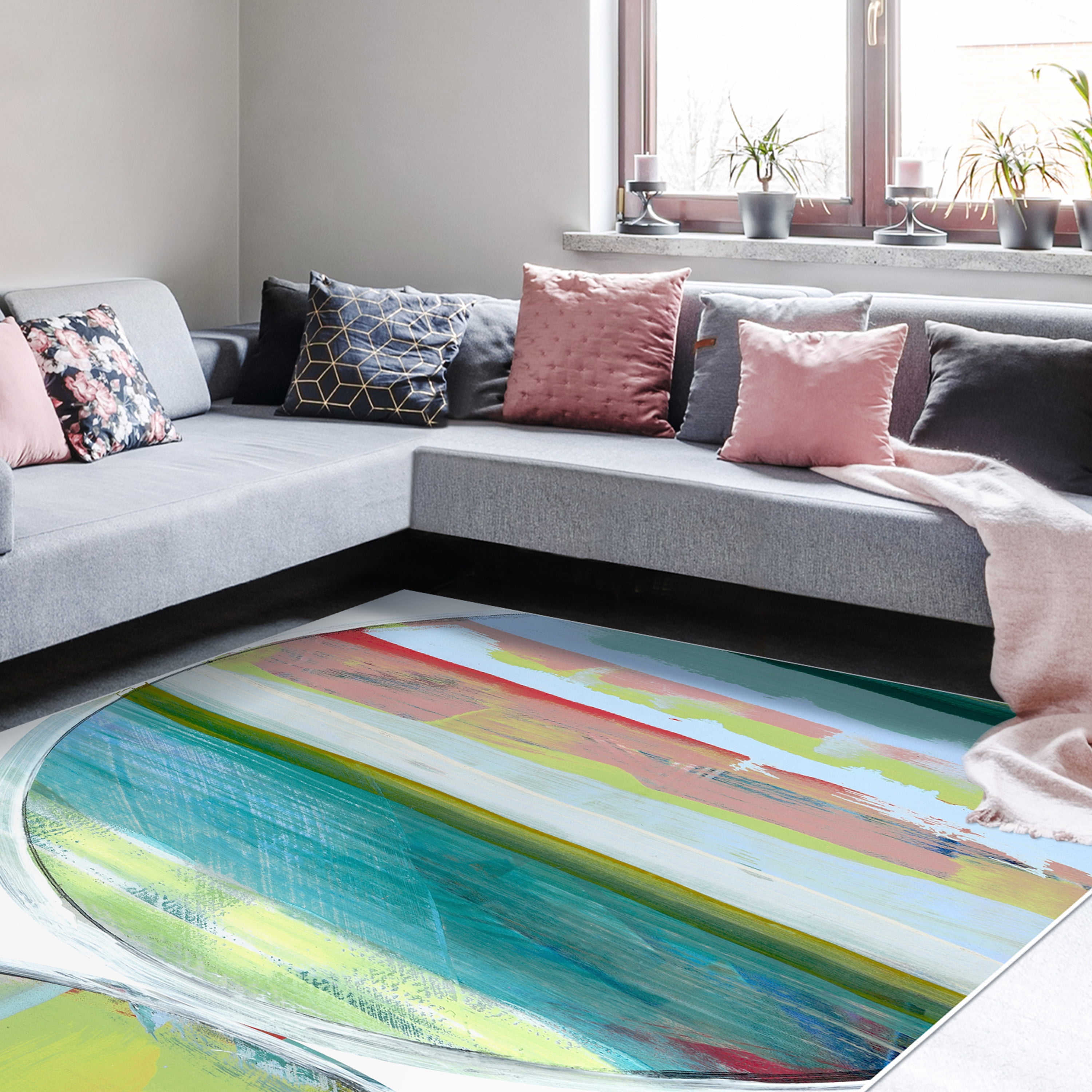 Rhythmic Circles III Washable Geometric Art Area Rug size 8'x10', Power-loomed, Heavenly Softness with Non-Slipping Backing