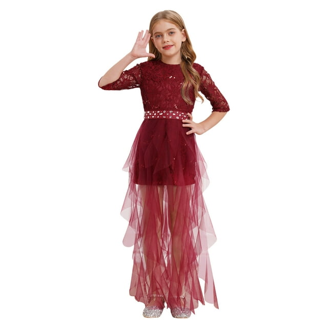 YONGHS Robe de Demoiselle d'Honneur Sans Manches en Dentelle à Sequins pour Filles Robe de Mariage Robe de Bal pour Enfants Bourgogne 6