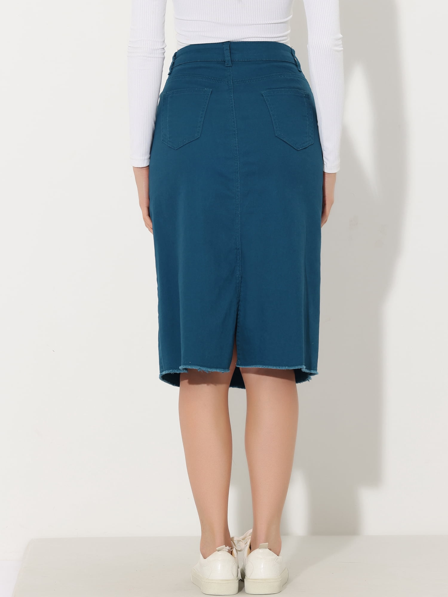 DARING DIVA Women's Jean Back Vent Midi Length Denim Skirts M Peacock Blue