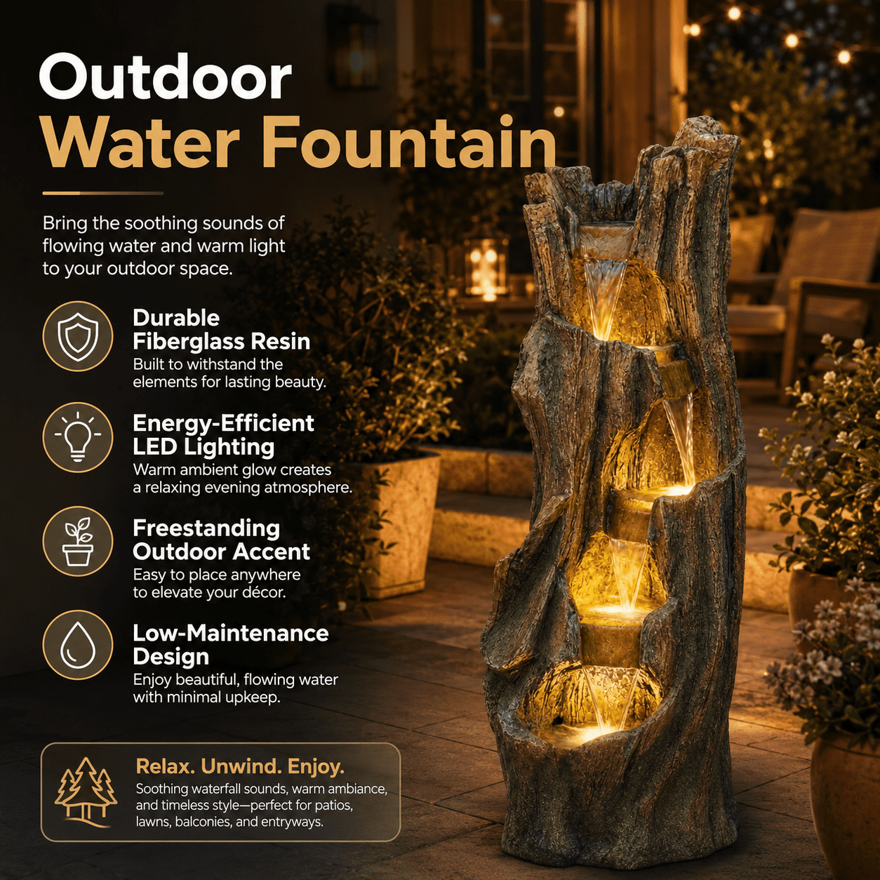 Aukfa Tree Design Outdoor Water Fountain with LED Lights, Tall Resin Waterfall Feature for Patio Garden Backyard,Gray