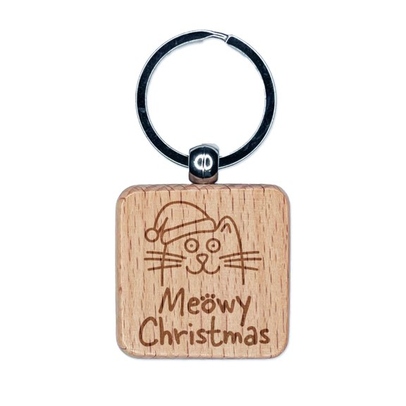 Meowy Christmas Cat with Santa Hat Square Keychain Charm Tag - Engraved Wood