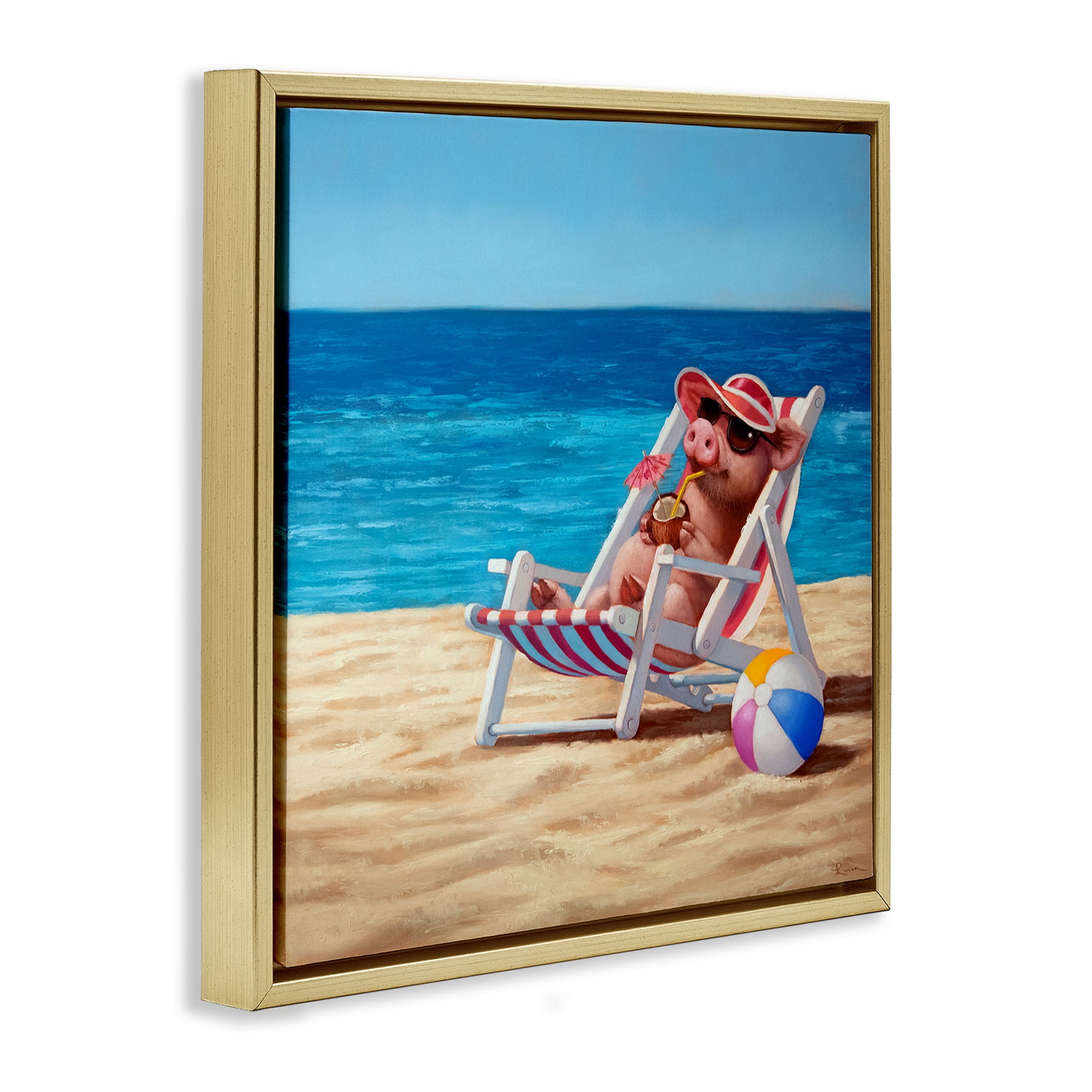 Stupell Industries Pig with Beach Cocktail Novelty Painting Gold Floater Framed Canvas Art Print Wall Art, 18 x 18