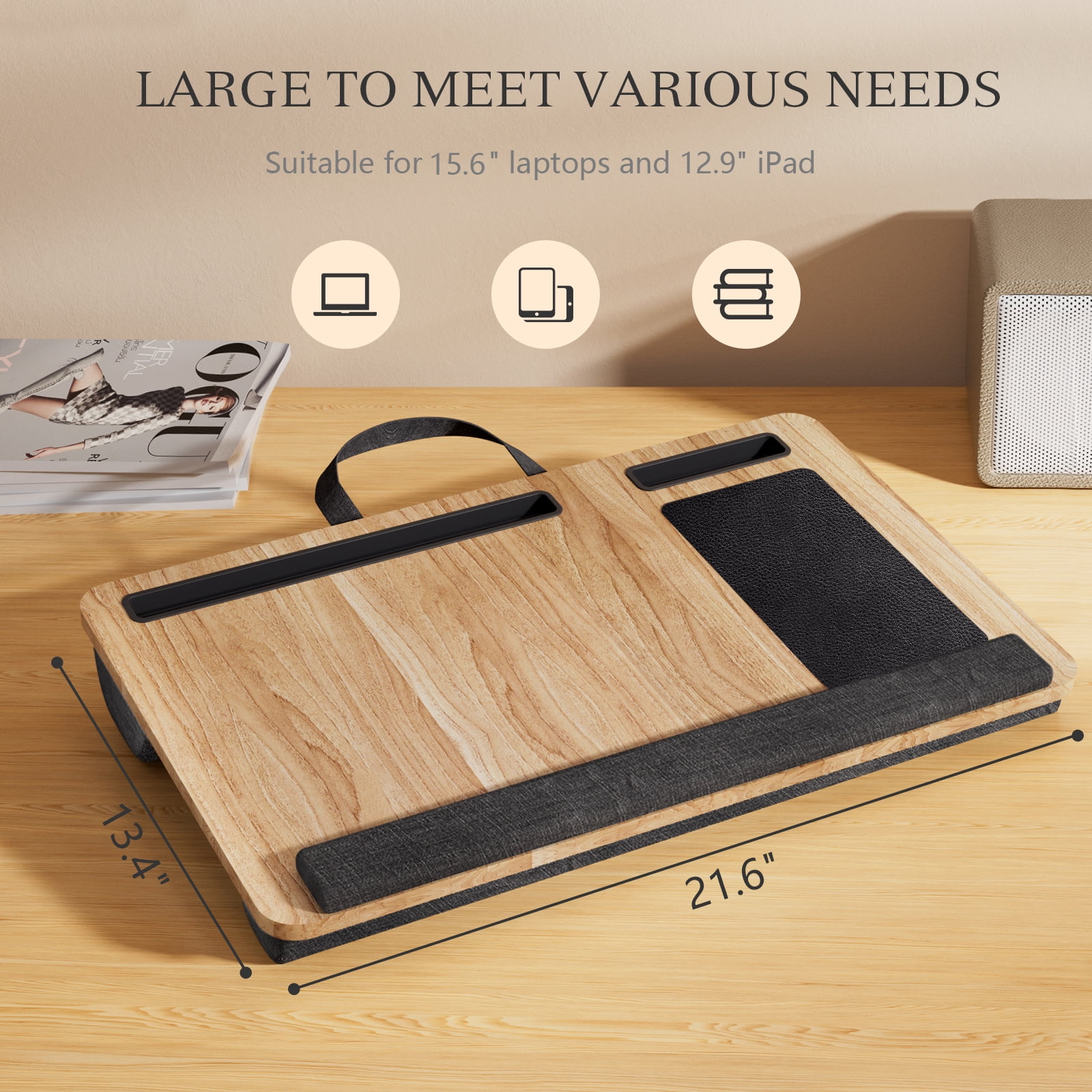 PHANCIR Portable Lap Desk for Laptop, Wood Lapdesk Bed Table with Handle Fits up to 15.6 inches Tray Table with Soft Pillow, Mouse Pad, Wrist Pad & iPad/Phone Slots, Laptop Stand 21.6 x 13.4in-Walnut