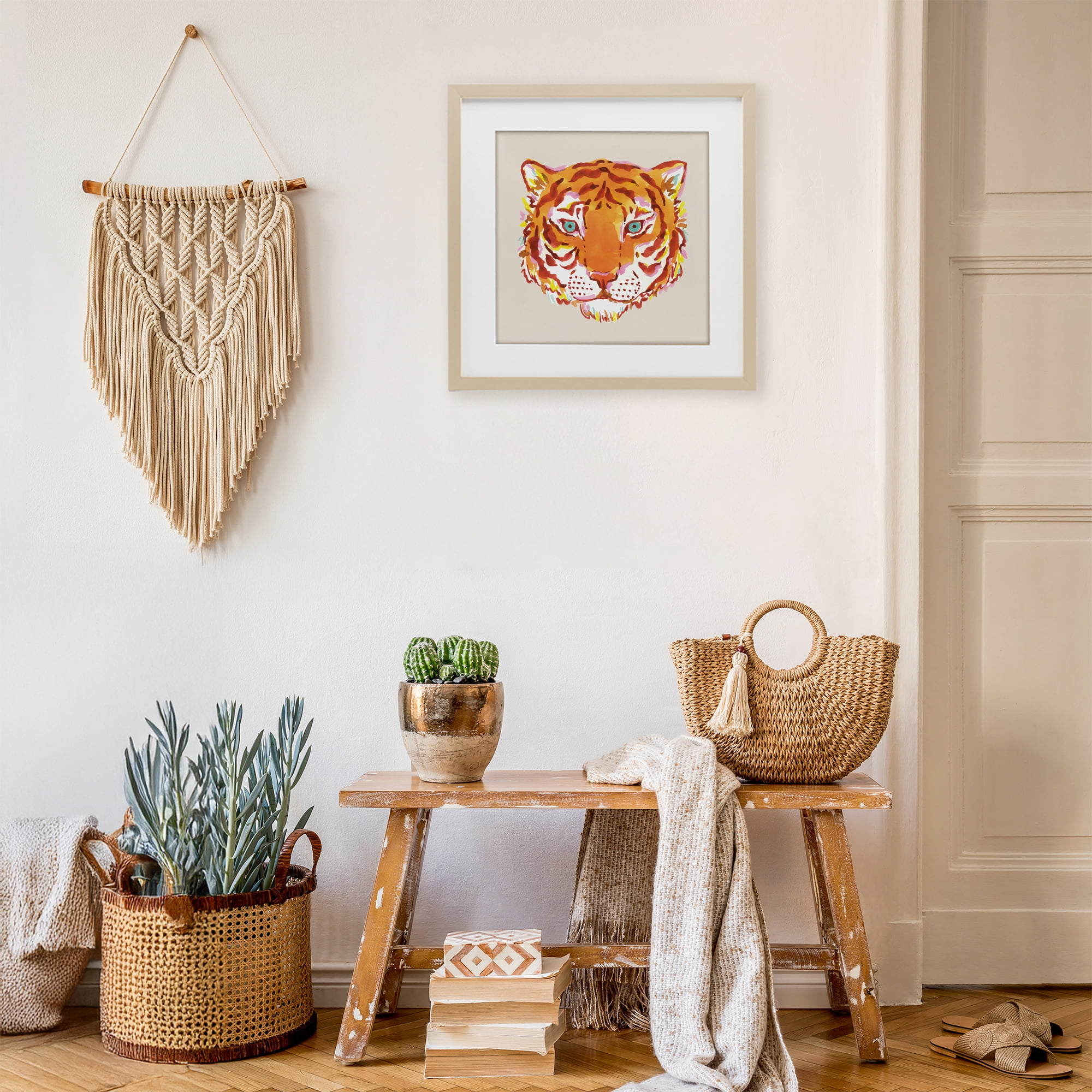 Stupell Industries Orange Boho Tiger Face Birch Framed Print Under Glass, design by Karolina Sato