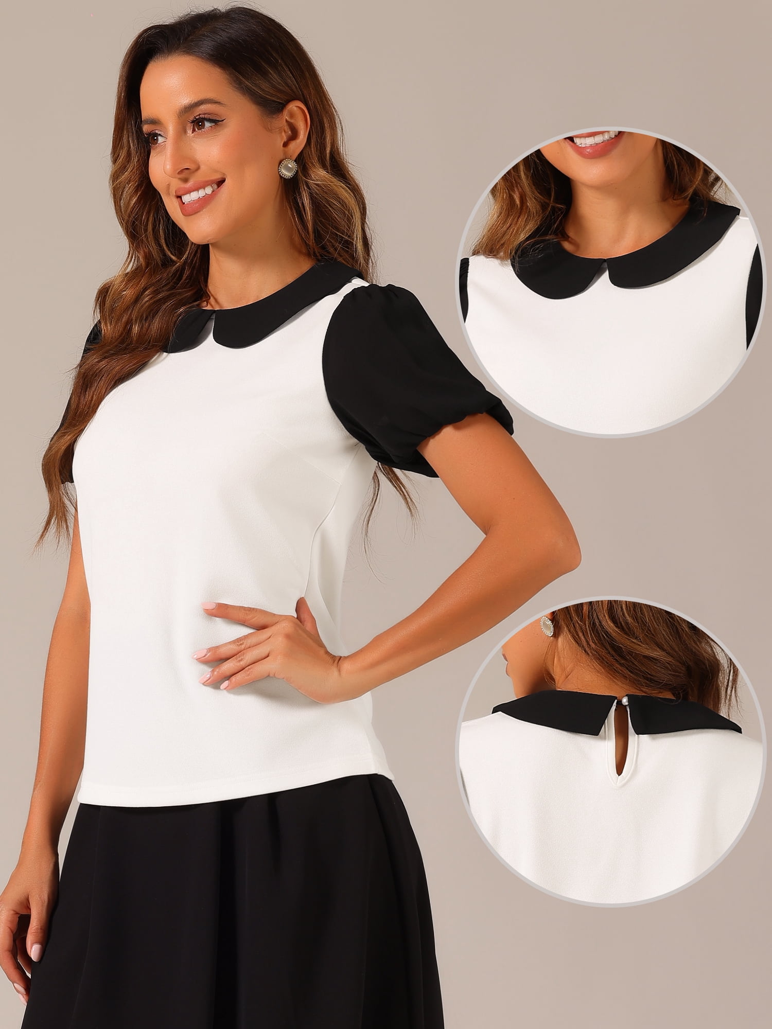 DARING DIVA Women Peter Pan Collar Contrast Puff Short Sleeve Top M White