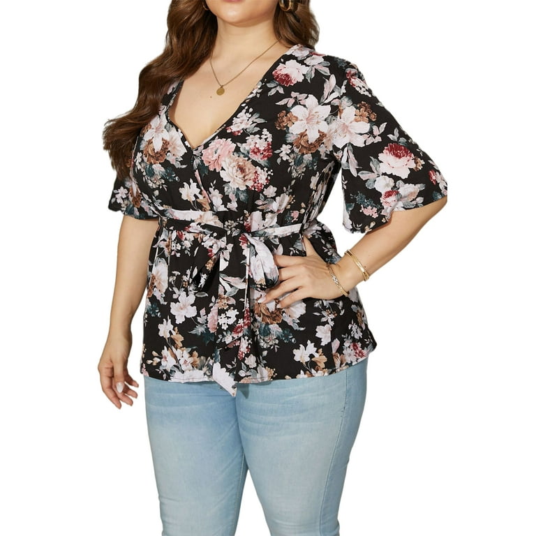 Sexy Dance Womens Casual Summer Chiffon Blouses Oversized Floral Printing T  Shirt Tie Waist Short Sleeve Wrap V Neck Tops Shirts