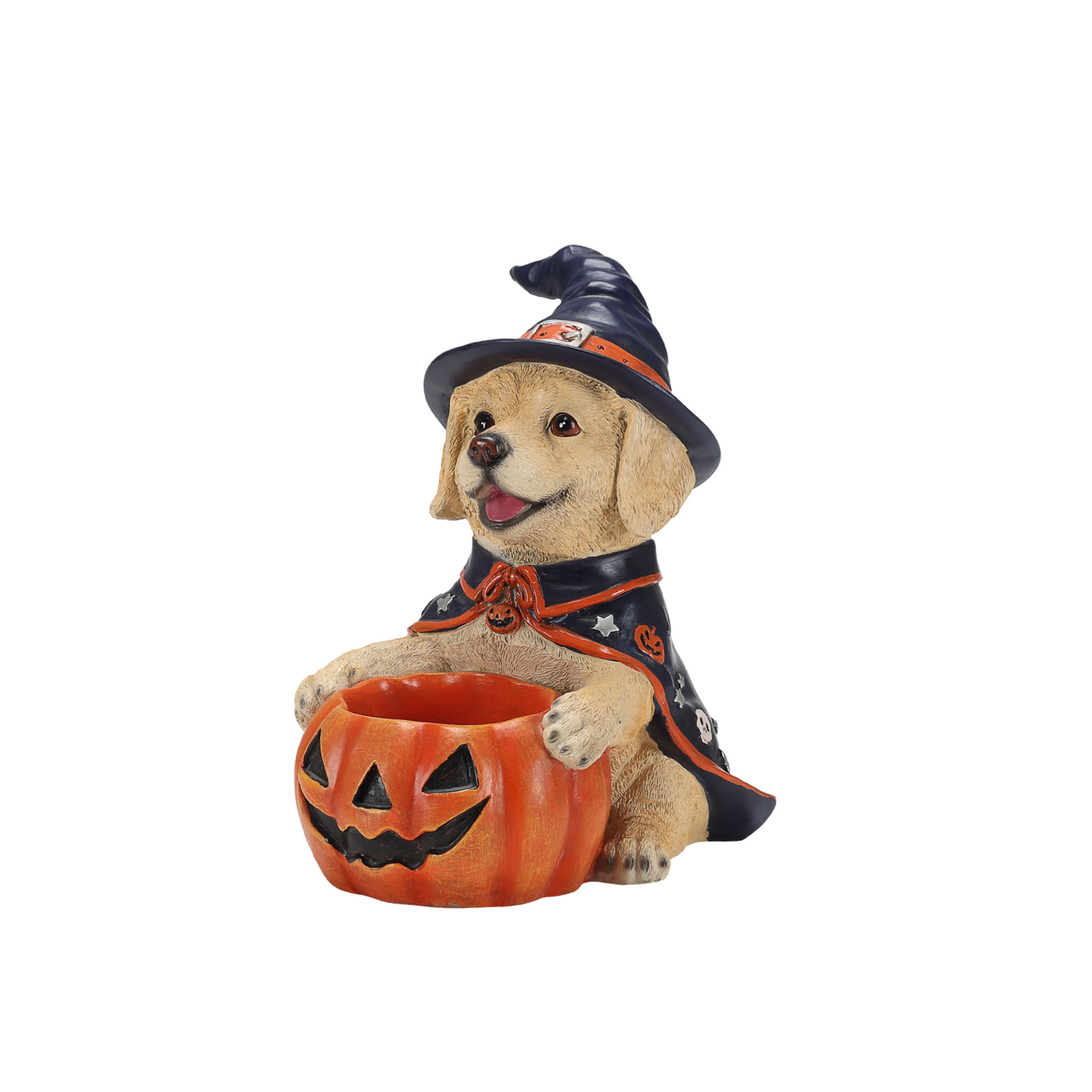 Noble House Halloween Labrador Retriever Witch Puppy Figurine with Pumpkin Candy Bowl, Decorative Statue, Brown