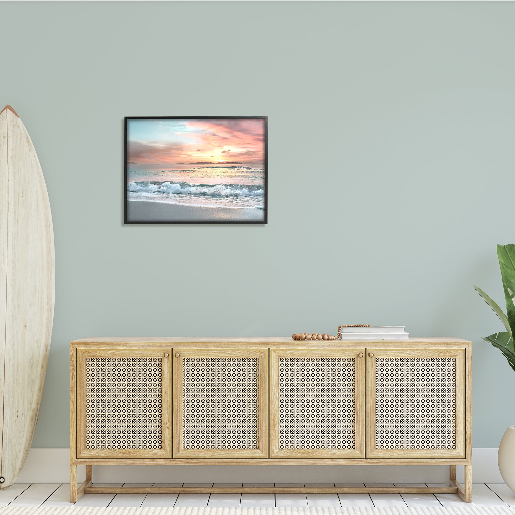Stupell Indtries Morning Sunrise Beach Landscape Distant Mountains Rolling Tide,30 x 24,Design by Mike Calascibetta