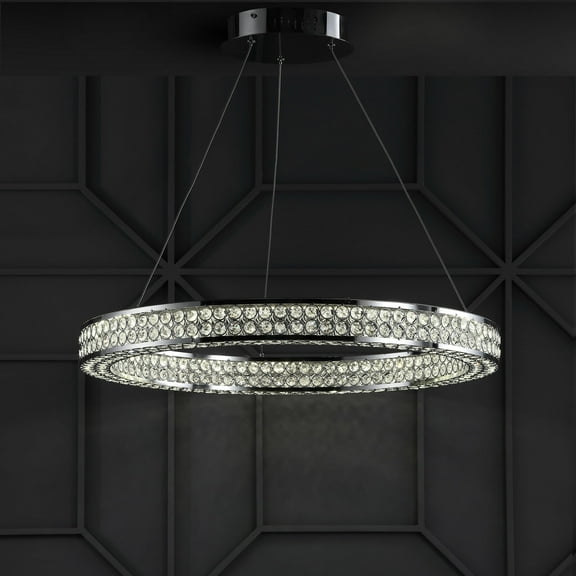 JONATHAN Y Benton 24.7" Round Integrated LED Crystal/Metal Pendant, Chrome/Clear