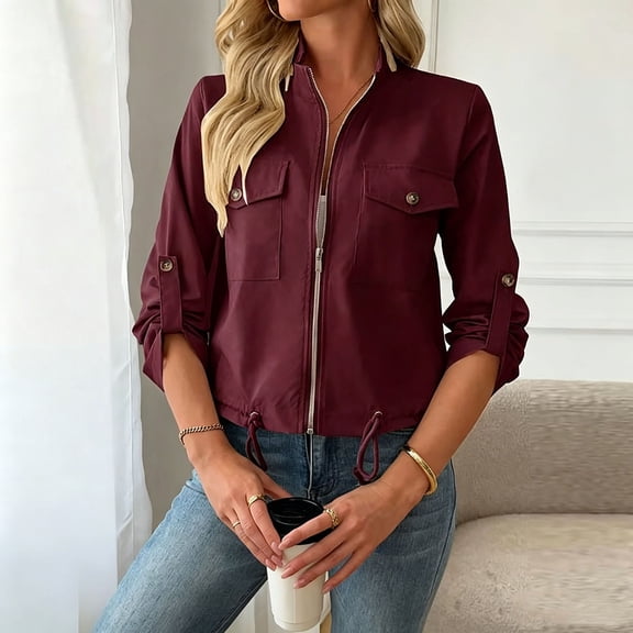 HongQid Women Utility Zip Up Cargo Jacket Stand Collar Cropped Jackets Long Sleeve Roll Tab Cuff Drawstring Hem Outer Coat with Chest Pockets S-3XL