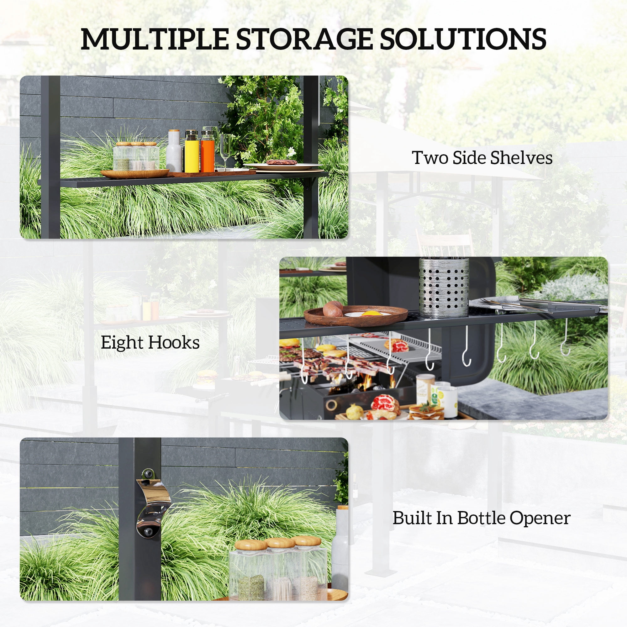 Outsunny 8' x 5' Grill Gazebo, Double Tiered Outdoor BBQ Gazebo with LED Light, 2 Side Shelves, Hooks and Bottle Opener for Patio Yard, Khaki