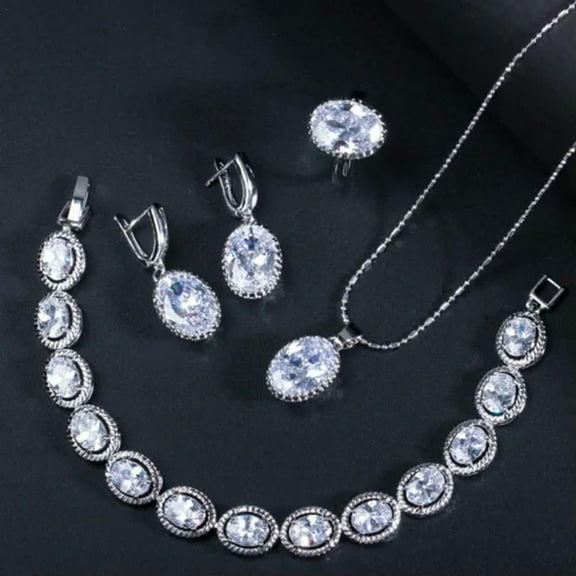 White Cubic Zircon Oval Necklace Earring Ring Bracelet Silver Plated Jewelry Set