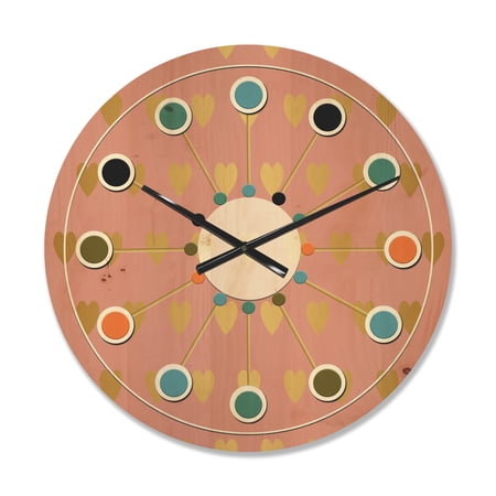 Designart 'Gold Hearts On Pink Retro Pattern' Mid-Century Modern Wood Wall Clock