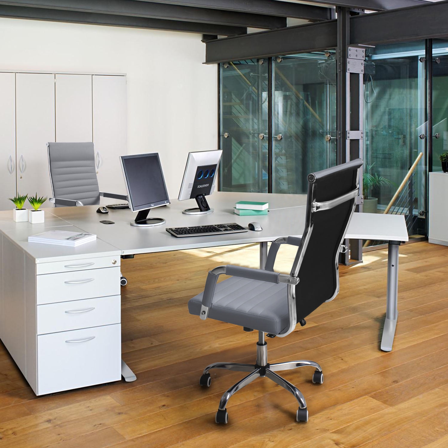Lacoo Mid-Back Faux Leather Office Desk Chair Executive Conference Task Chair with Arms, Gray