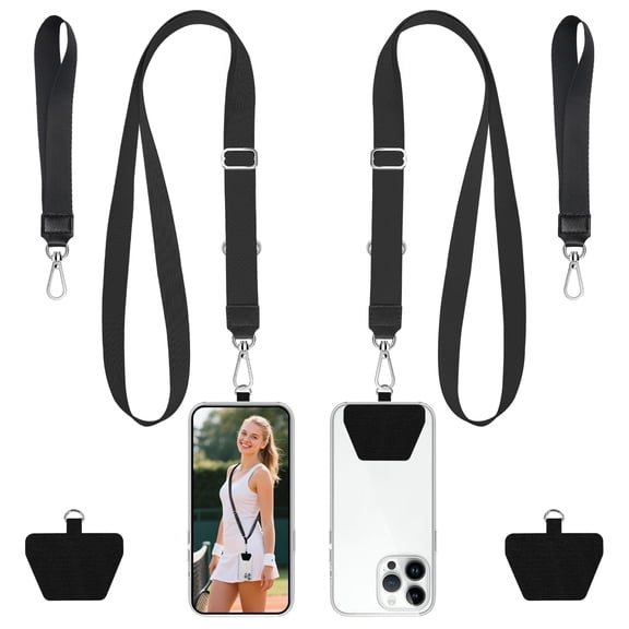 Phone Lanyard, 2 Pack Adjustable Anti-Drop Neck/Wrist Strap with 2 Pcs Tether Patches, Secure Hands-Free Compatible for iPhone Samsung Perfect for Nurses, Teachers, Travel, Hiking Black
