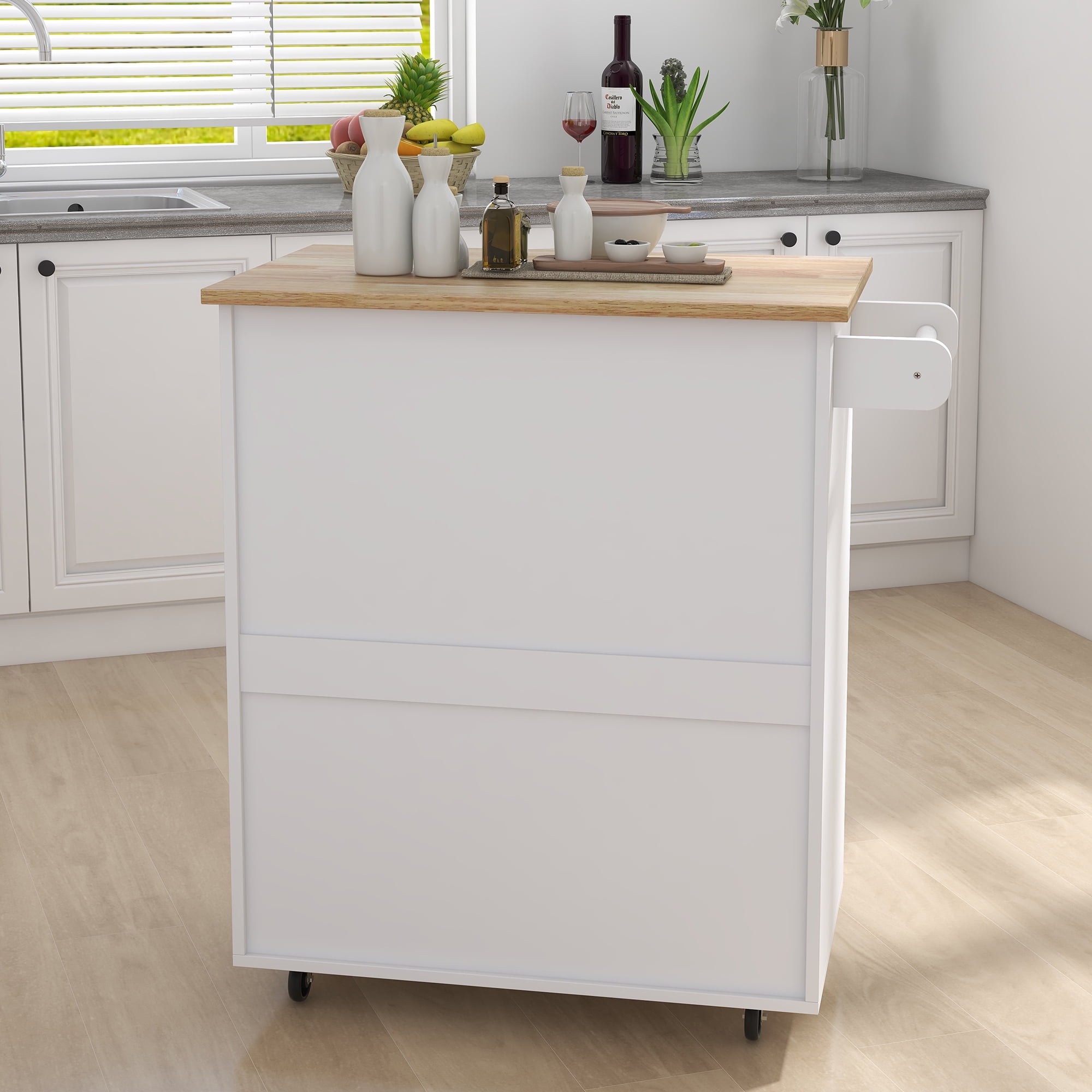 Kitchen Cart Rolling Kitchen Island with 1 Drawer, 2 Doors, Adjustable Shelves, Towel Rack and Seasoning Rack, Versatile White Kitchen Island for Storage & Home Decor