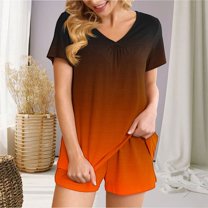 Viluyesy Printed Tops Elastic Waist Short Pants Sets Womens V-Neck T-Shirt and Shorts 2PC Pocket Fashionable Shirt and Shorts Sets Two PC Orange Size 2XL