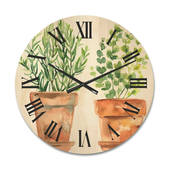 Designart 'Two Green House Plants In Orange Cly Pots' Traditional Wood Wall Clock