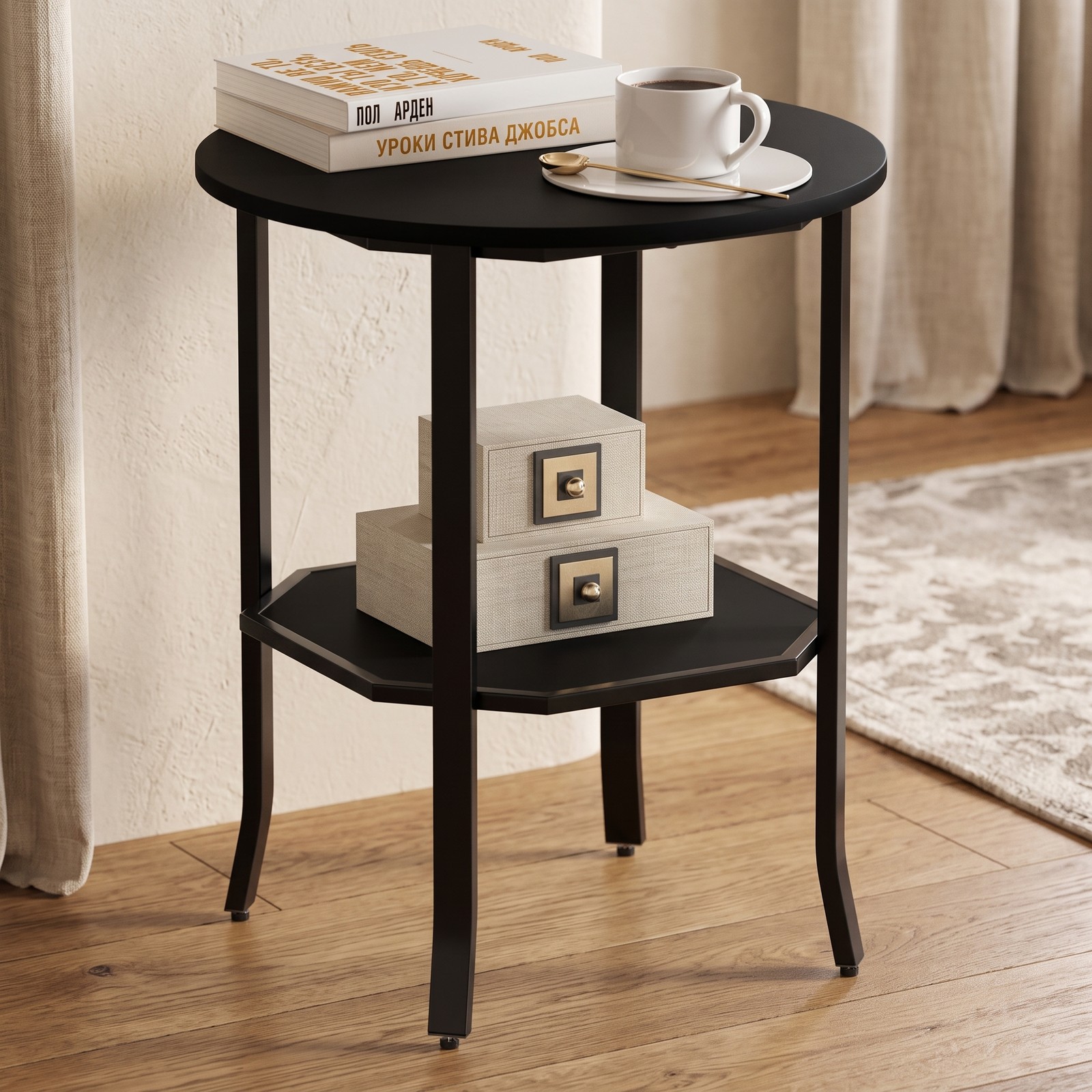 Furnibear Round Side Table Small End Table with Storage Shelf, 2-Tier Nightstand Sofa Couch Bedside Table for Small Space Living Room Bedroom, Black