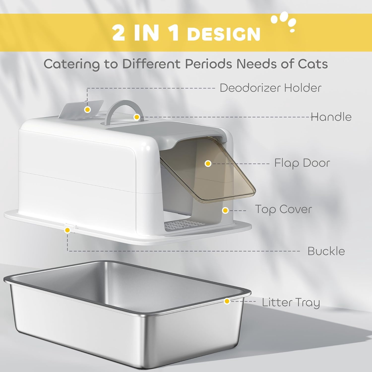 Stainless Steel Cat Litter Box, Extra Large 2 in 1 Metal Kitty Litter Pan with High Enclosure, Removable Lid & Scoop, Filter Bags, Easy to Clean, for Small to Large Kittens, White