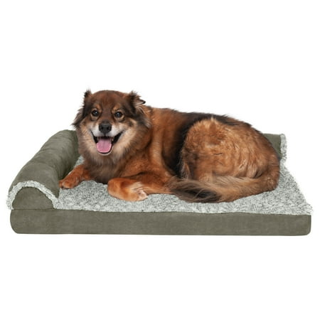 UPC: 0842229107388 | FurHaven Pet Products Two-Tone Faux Fur & Suede Deluxe L-Chaise Memory Top Sofa-Style Pet Bed for Dogs & Cats – Dark Sage  Large