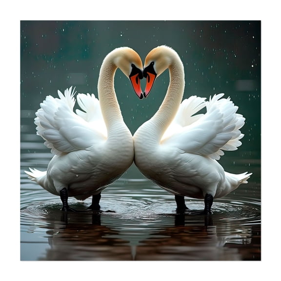 Couple of swans on rainy days - Photography Animal Bird Water Wildlife Lake Nature Unframed Wall Art Print 6 x 6 inches