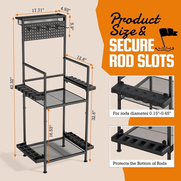 Fishing Rod Holders for Garage with Pegboard & Metal Mesh Basket, Vertical Fishing Pole Holder for Up to 12 Poles, Tackle Gear Organizer
