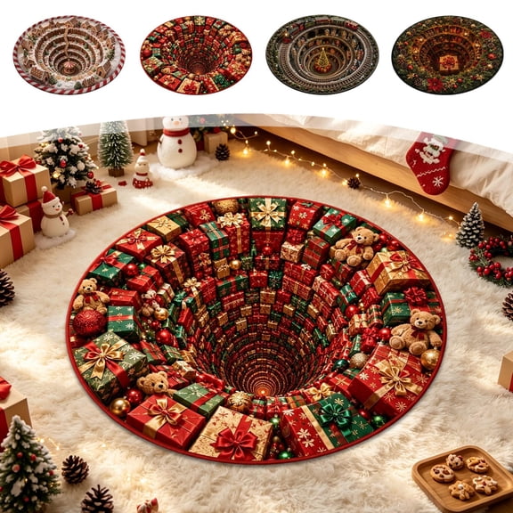 EaskTriop Christmas Train Round Rug, 3D Vortex Illusion Holiday Floor Mat, Non‑Slip Circular Decorative Carpet for Living Room Bedroom Xmas Home Decoration