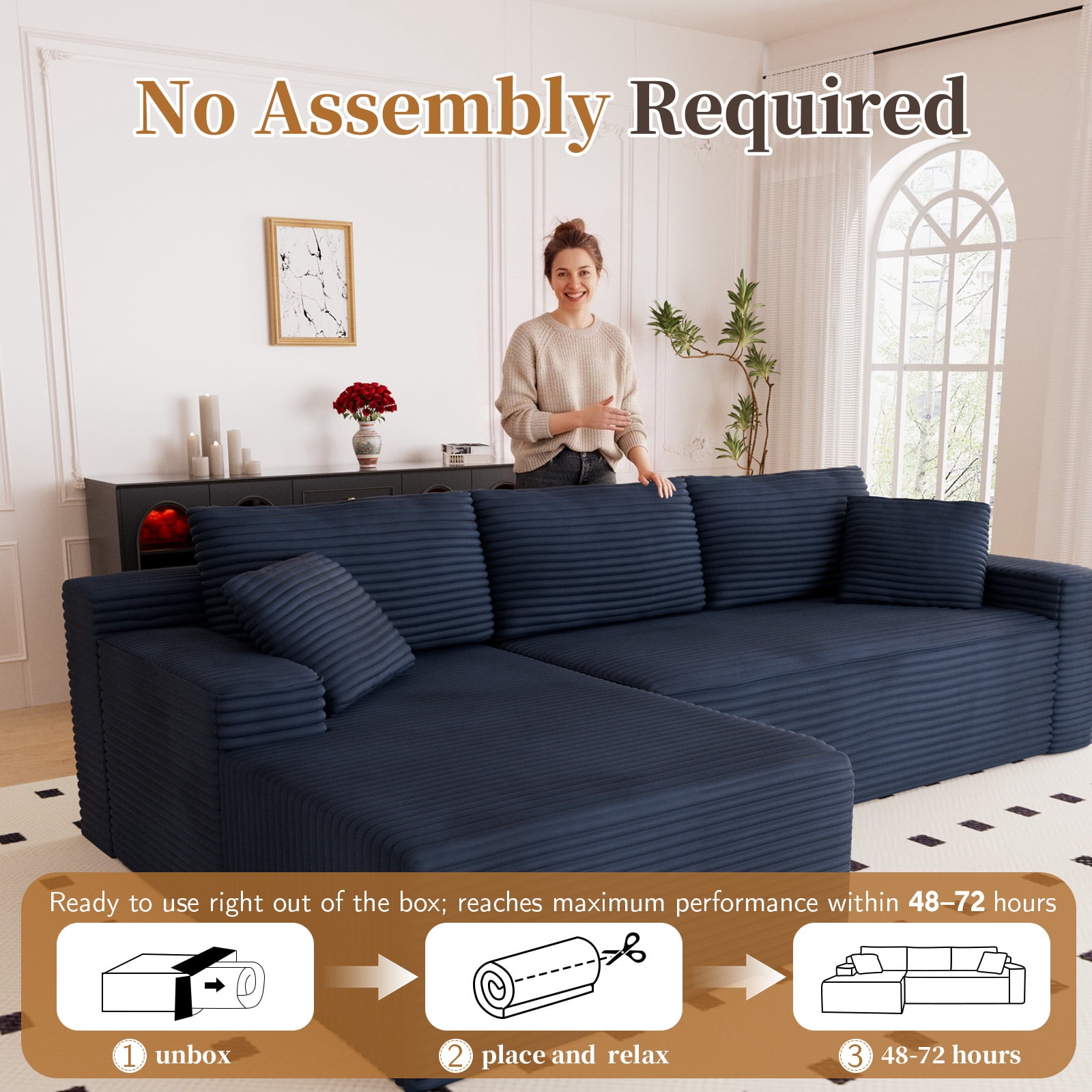 Lunale 105" Modular L-Shaped Sectional Sofa, Boneless Cloud Couch, No Assembly Required, Modern Deep Seat Corduroy Sofa for Living Room, Blue (Left Facing Chaise)