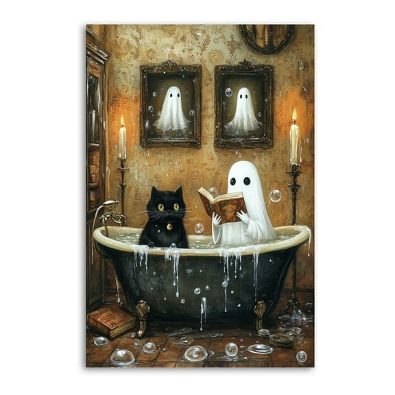 Ghost And Black Cat in Bathtub (2) Painting On Canvas Wall Art Poster Scroll Picture Print Living Room Walls Decor Home Posters 24x36inch(60x90cm)