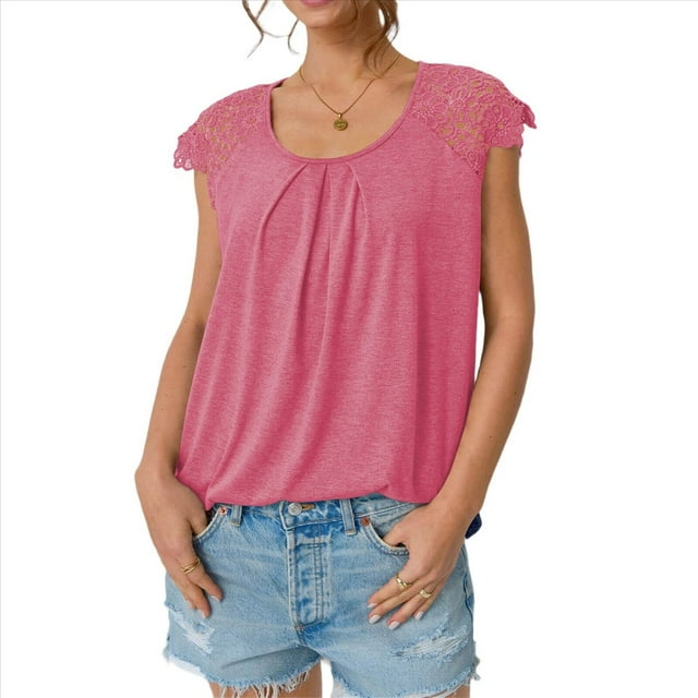 Blusas de Encaje para Mujer, Camisas Plisadas de Corta, Rosa Oscuro, Talla M