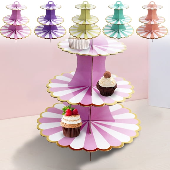 Msgweeeg Birthday Party Cake Stand Three Tier Paper Foil Dessert Display for Children Adults Anniversary Event Celebration Elegant Sturdy Cupcake Tower Stand Table Centerpiece Reusable