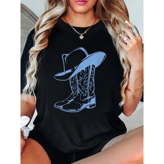 Coastal Cowgirl Western Blue Cowboy Boots T-Shirt casual short sleeve crew neck cotton tee tops for women